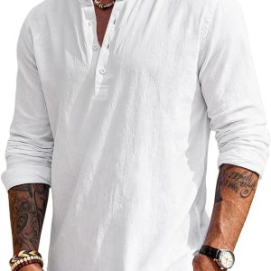Men’s Linen Shirts Henley T-Shirts Long Sleeve Casual Beach T-Shirts Solid Tops Shirts for Men