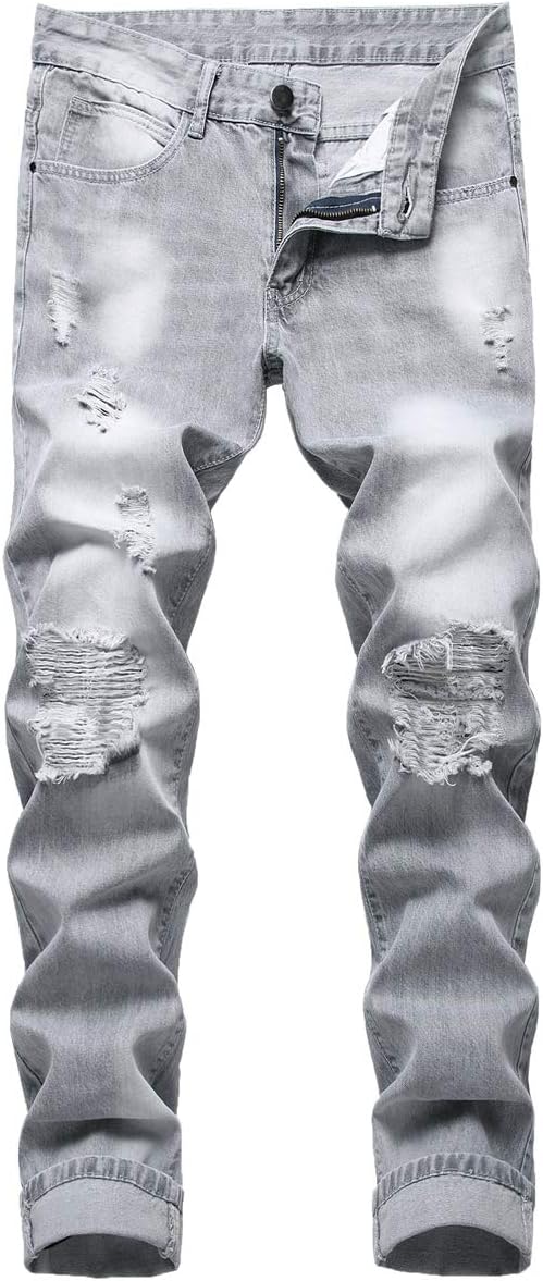 Mens Ripped Jeans,Distressed Destroyed Slim Fit Straight Leg Denim Pant with Holes