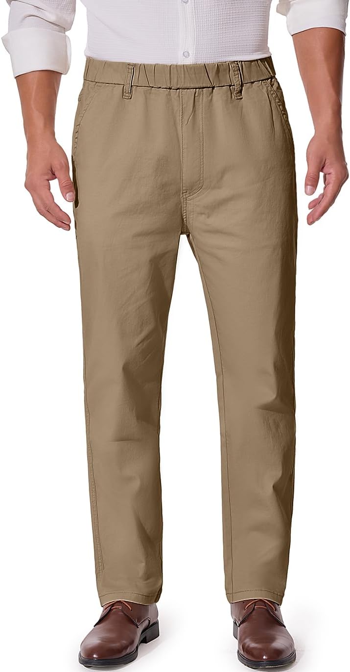 Mens Elastic Waist Twill Pants for Seniors – Pull On Comfort Pants with Stretch Waistband, Relaxed Fit