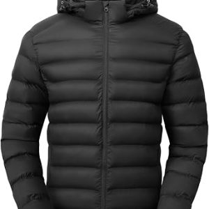 Men’s Lightweight Puffer Jackets Detachable Hood Water-Resistant Casual Winter Coat Hooded Insulated for Travel Ski