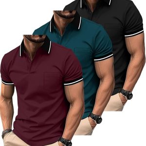 3 Pack Men Polo Shirts Short Sleeve with Pocket Sport Wicking Shirts for Men Casual Athletic Collared T-Shirts