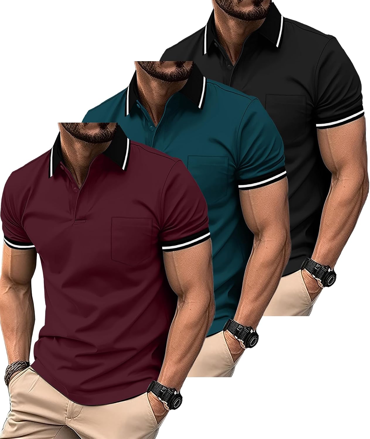 3 Pack Men Polo Shirts Short Sleeve with Pocket Sport Wicking Shirts for Men Casual Athletic Collared T-Shirts
