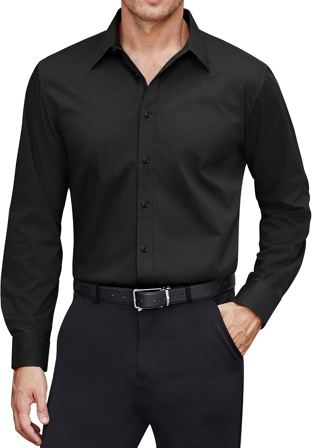 Men's Dress Shirts Stretch Stain Shield Long Sleeve Solid Formal Shirt Business Casual Button Down Shirts
