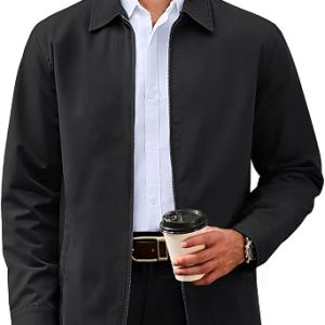 Men’s Cotton Jacket Full Zip Up Work Jackets Turndown Collar Business Casual Windbreaker with 3 Pockets