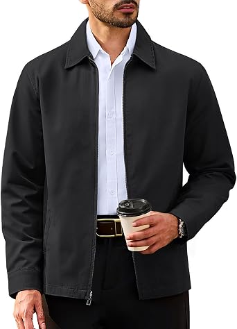 Men's Cotton Jacket Full Zip Up Work Jackets Turndown Collar Business Casual Windbreaker with 3 Pockets