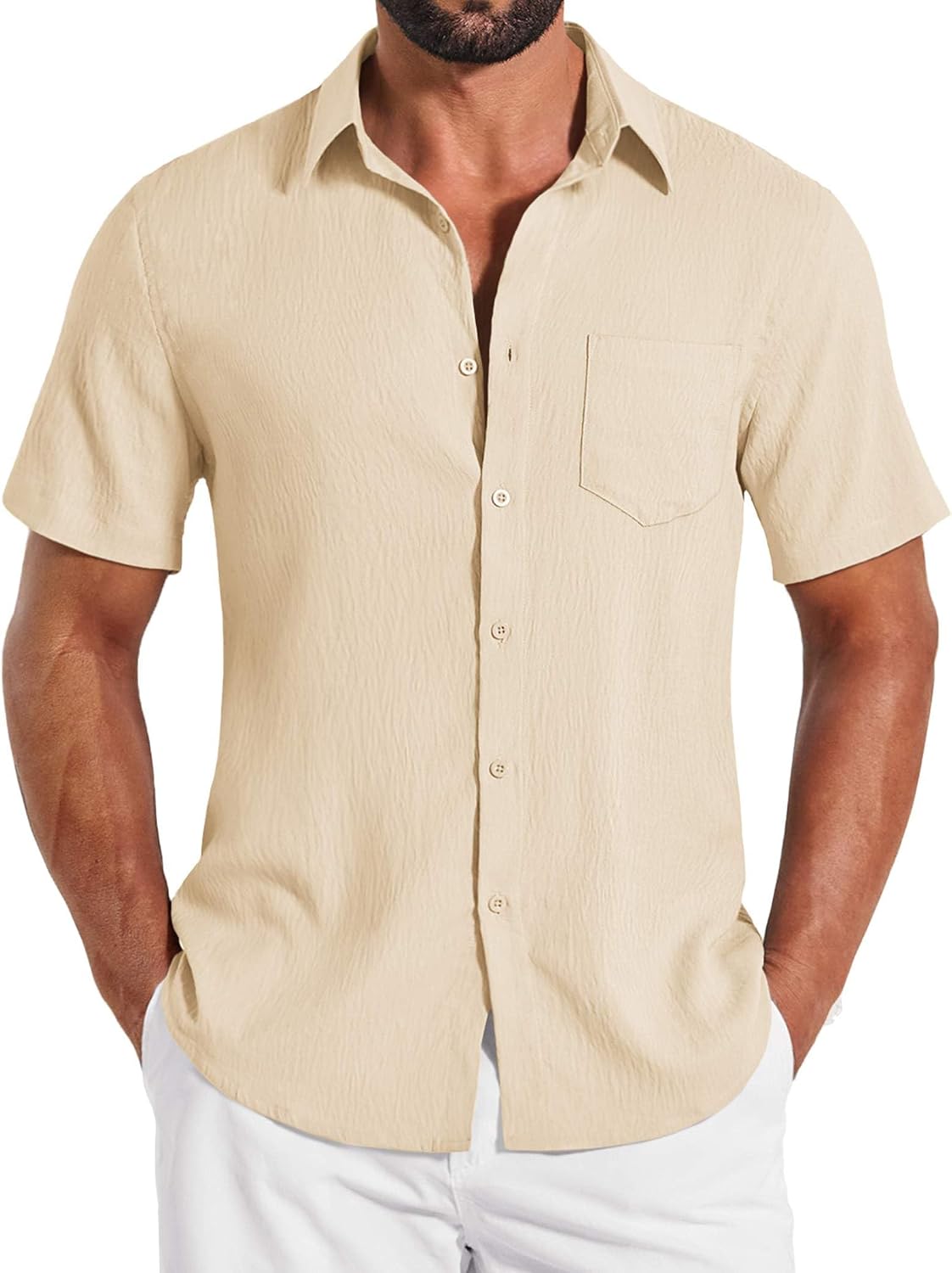 Shirts for Mens Button Down Short Sleeve Shirts Casual Summer Beach Textured Shirts with Pocket