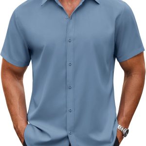 Men’s Button Down Shirt Short Sleeve Dress Shirt Casual Beach Summer Wedding Shirt