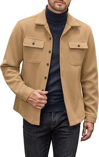 Mens Flannel Jacket Fleece Shacket Plaid Shirt Button Down Jackets