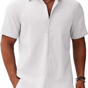 Men’s Button Down Short Sleeve Shirt Casual Cotton Summer Beach Linen Wedding Shirts with Pocket