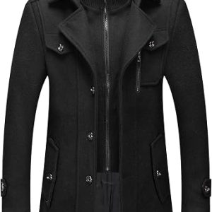 Men’s Wool Blend Coat Warm Winter Trench Coat with Detachable Soft Scarf Single Breasted Pea Coat