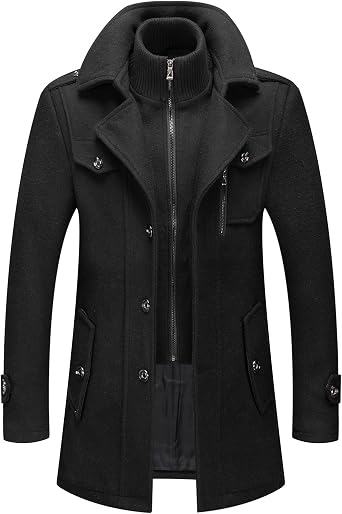Men's Wool Blend Coat Warm Winter Trench Coat with Detachable Soft Scarf Single Breasted Pea Coat