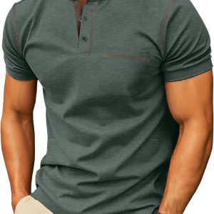 Mens Henley Shirts Short Sleeve Summer Casual Classic Cotton T Shirts Pocket Button Shirt