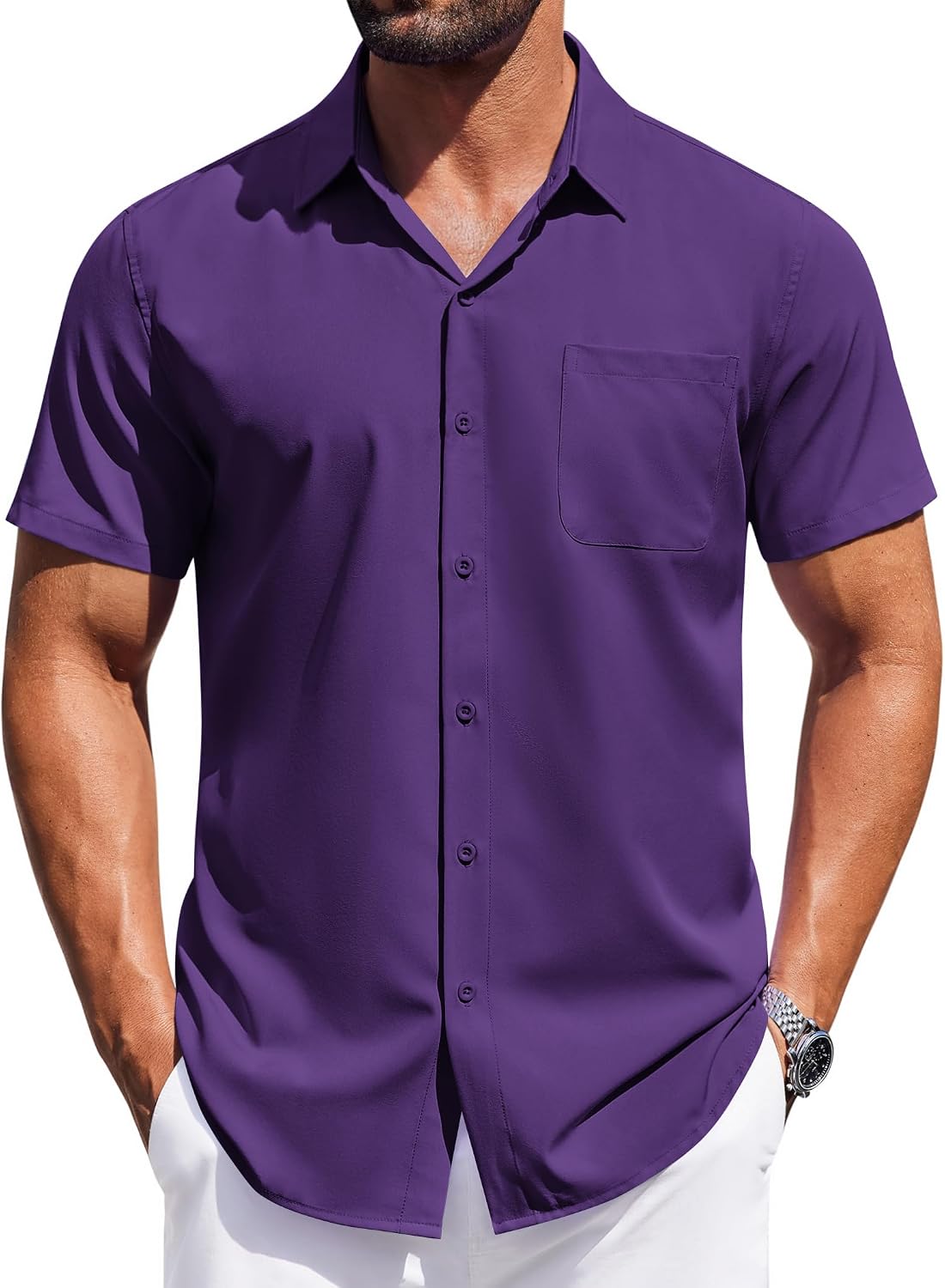 Mens Short Sleeve Button Down Shirts Wrinkle Free Dress Shirt for Men Casual Untucked Shirt with Pocket