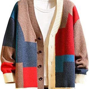 Men’s Colorblock Cardigan Sweater Thick Knit Button Front Vintage