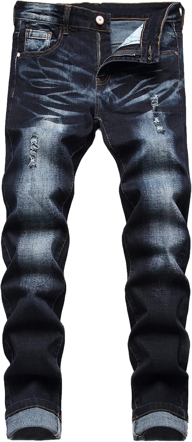 Men's Slim Fit Stretch Jeans Ripped Skinny Jeans for Men, Distressed Straight Leg Fashion Comfort Flex Waist Pants