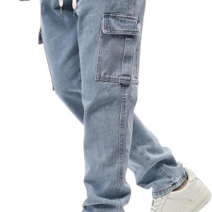 Men’s Elastic Waist Cargo Jeans Stretch Denim Pants with Drawstring Straight Leg for Casual Daily Wear