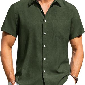 Mens Linen Shirts Short Sleeve Button Down Shirts Wrinkle Free Casual Vacation Beach Summer Tops