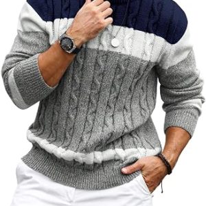 Men’s Color Block Sweater Crew Neck Long Sleeve Cable Knit Pullover Tops Casual Knitwear