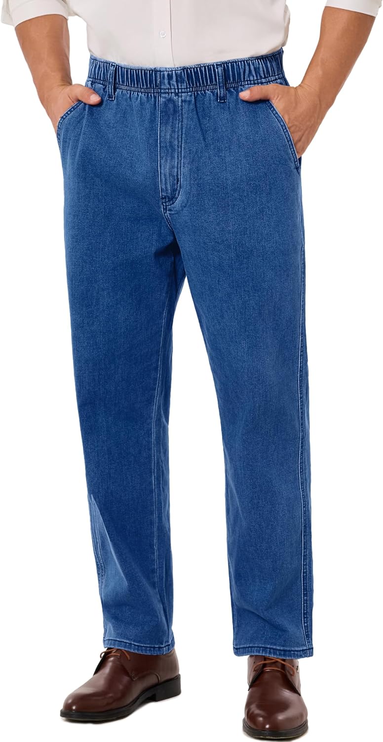 Pull On Elastic Waist Jeans for Men Full Elastic Waistband Loose Fit Denim Pants Easy Wear for Seniors