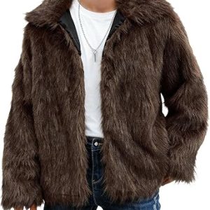 Men’s Faux Fur Coat, Warm Fluffy Fuzzy Fleece Jacket with Lapel Collar for Winter Fashion Trench Outerwear