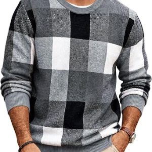 Men’s Plaid Crew Neck Sweater Long Sleeve Knit Pullover
