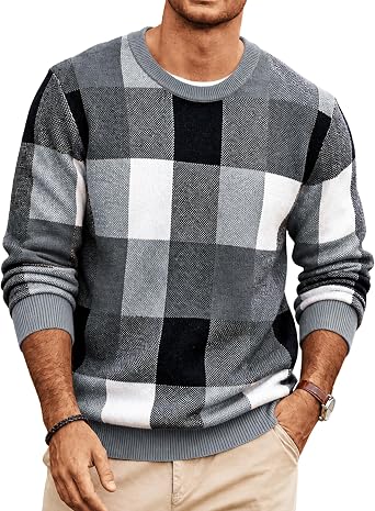 Men's Plaid Crew Neck Sweater Long Sleeve Knit Pullover