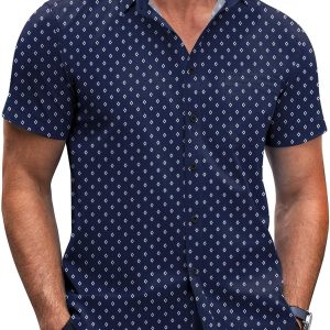 Mens Short Sleeve Button Down Shirts Wrinkle Free Dress Shirts Casual Polka Dot Print Shirt with Pocket