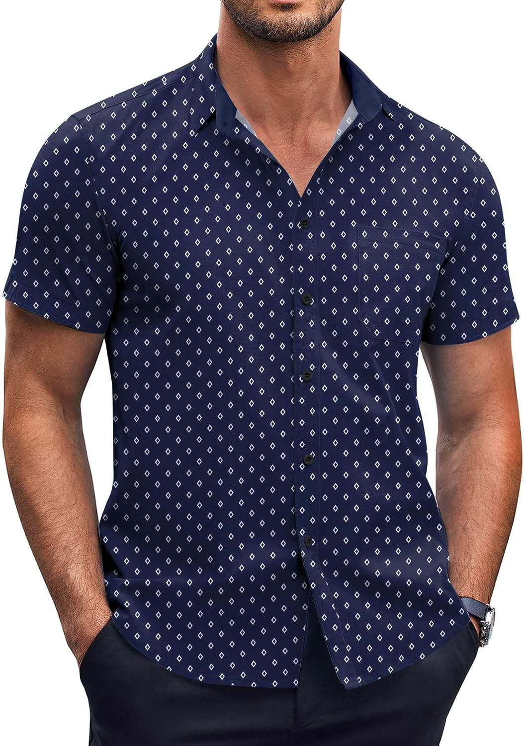 Mens Short Sleeve Button Down Shirts Wrinkle Free Dress Shirts Casual Polka Dot Print Shirt with Pocket