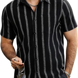 Men’s Vintage Striped Short Sleeve Hawaiian Casual Shirt