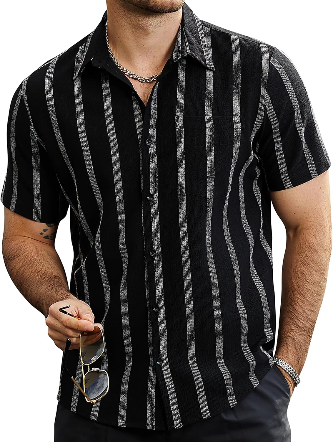 Men’s Vintage Striped Short Sleeve Hawaiian Casual Shirt