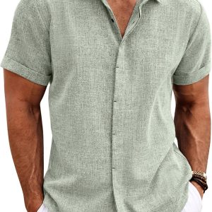 Men’s Linen Shirts Short Sleeve Casual Shirts Button Down Shirt for Men Beach Summer Wedding Shirt
