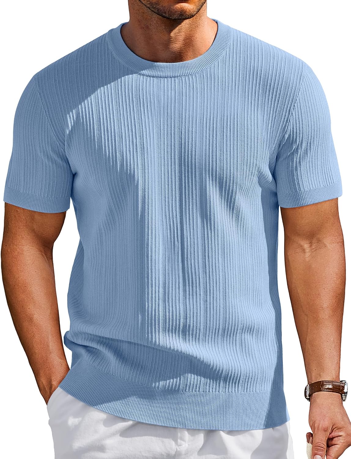 Men's T-Shirts Short Sleeve Knit Shirts Casual Crewneck Ribbed Dress Tee Shirt